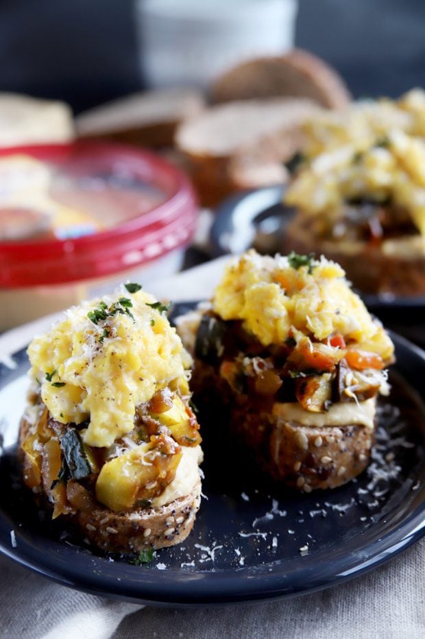 Ratatouille Hummus Toast with Soft Scrambled Eggs