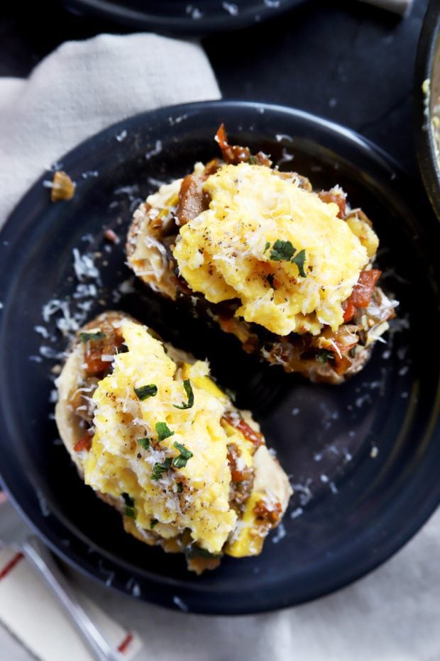 Ratatouille Hummus Toast with Soft Scrambled Eggs