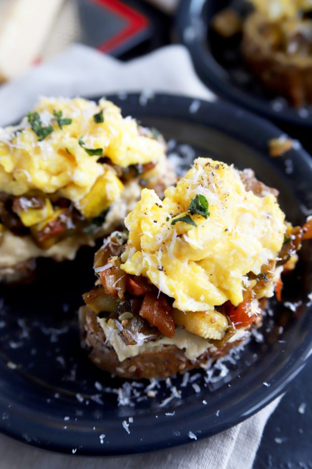 Ratatouille Hummus Toast with Soft Scrambled Eggs