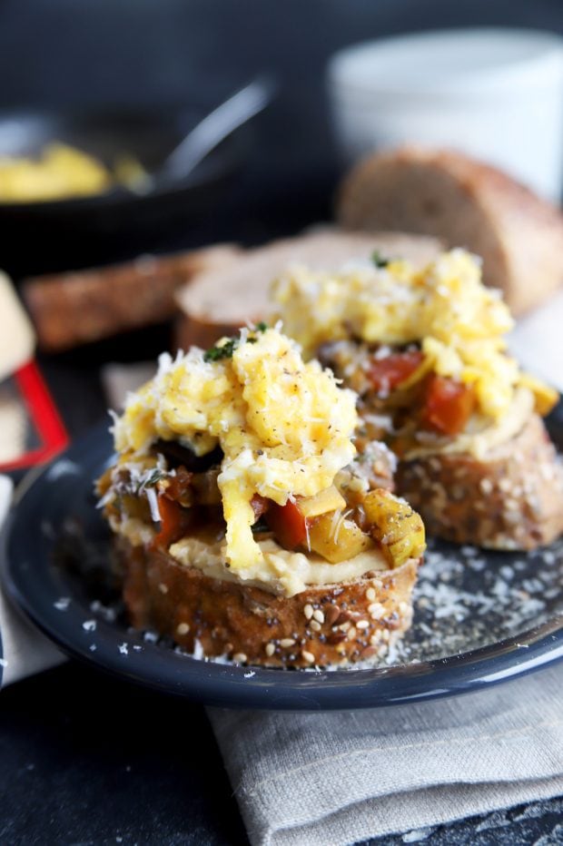 Ratatouille Hummus Toast with Soft Scrambled Eggs