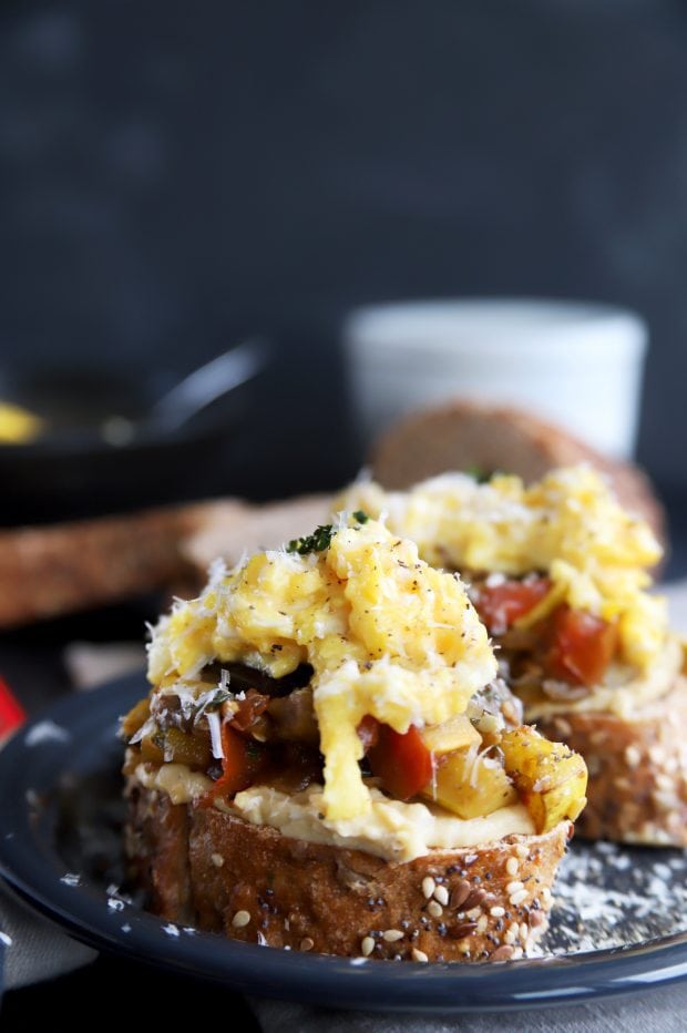 Ratatouille Hummus Toast with Soft Scrambled Eggs