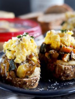 Ratatouille Hummus Toast with Soft Scrambled Eggs