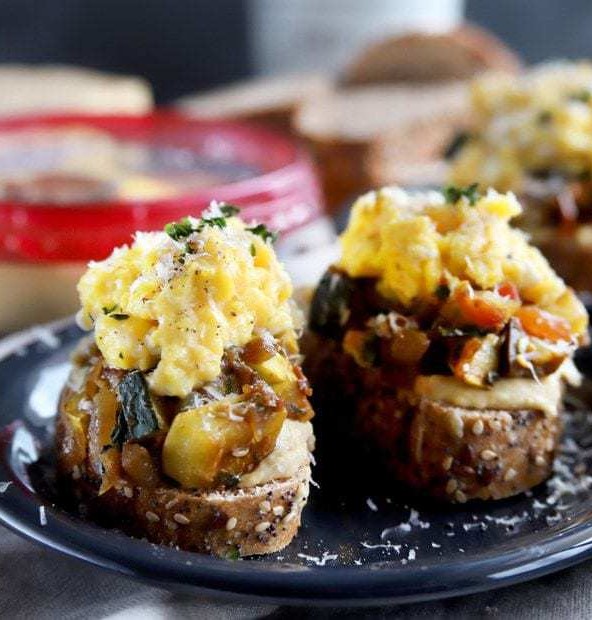 Ratatouille Hummus Toast with Soft Scrambled Eggs