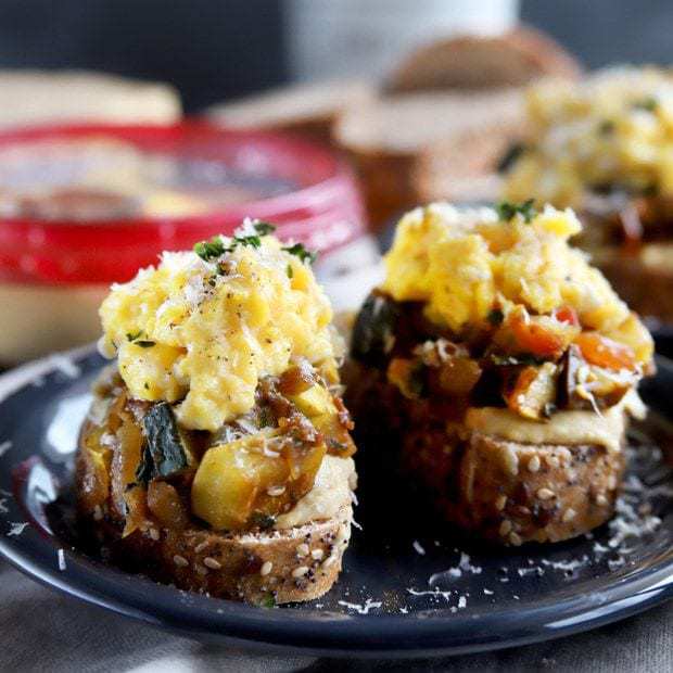 Ratatouille Hummus Toast with Soft Scrambled Eggs