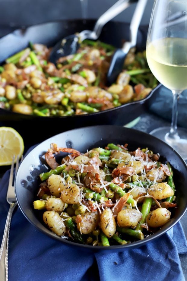 serving of brown butter gnocchi with asparagus and peas