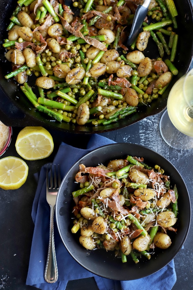 dinner of brown butter gnocchi with asparagus and peas