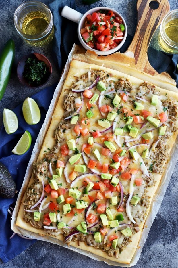 Avocado Pulled Pork Flatbread with Grilled Tomatillo Salsa