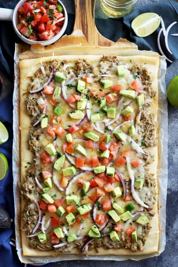 Avocado Pulled Pork Flatbread with Grilled Tomatillo Salsa