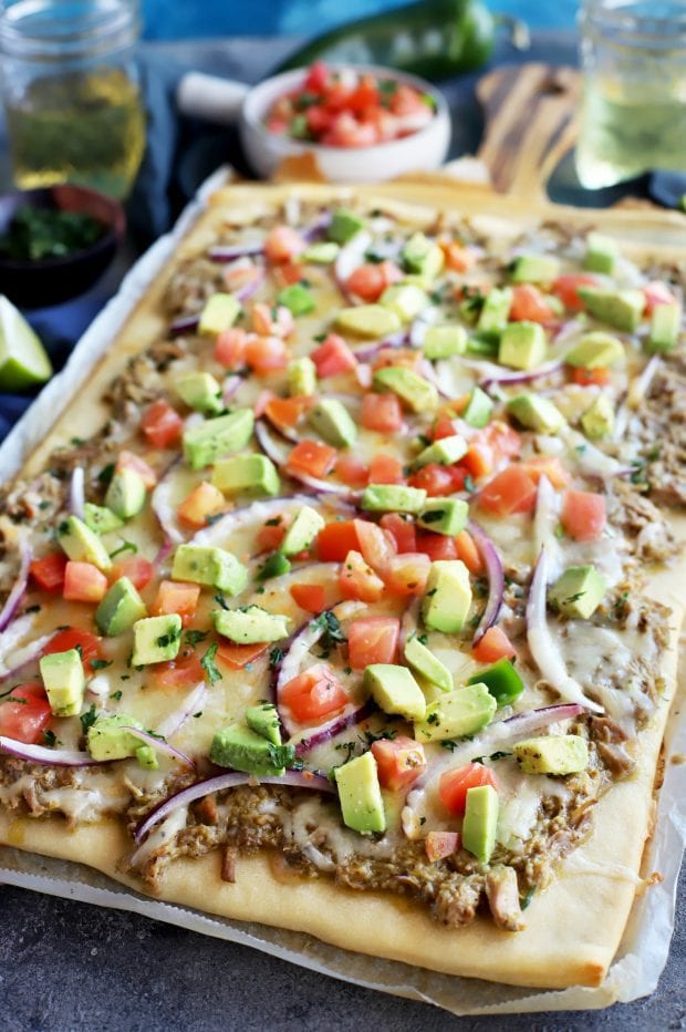 Avocado Pulled Pork Flatbread with Grilled Tomatillo Salsa