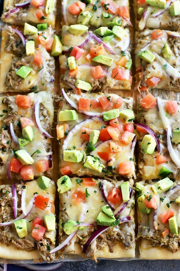 Avocado Pulled Pork Flatbread with Grilled Tomatillo Salsa