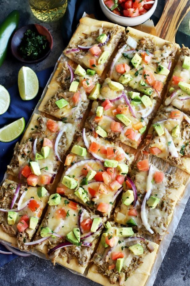 Avocado Pulled Pork Flatbread with Grilled Tomatillo Salsa