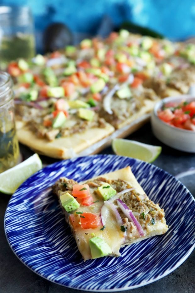 Avocado Pulled Pork Flatbread with Grilled Tomatillo Salsa