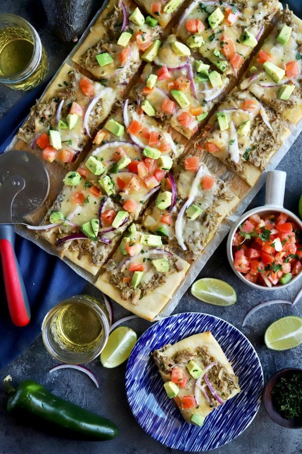 Avocado Pulled Pork Flatbread with Grilled Tomatillo Salsa