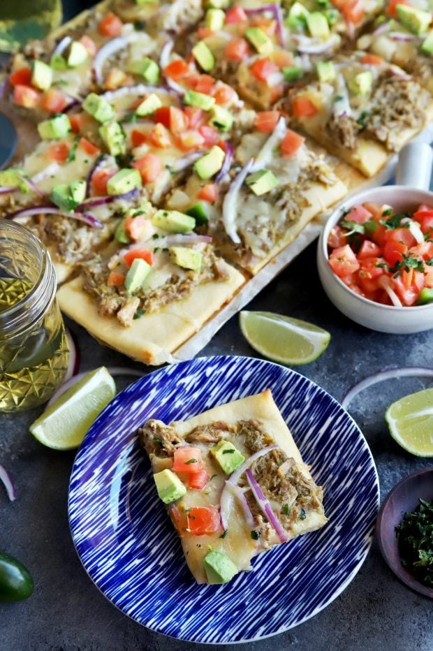 Avocado Pulled Pork Flatbread with Grilled Tomatillo Salsa