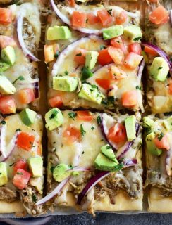 Avocado Pulled Pork Flatbread with Grilled Tomatillo Salsa