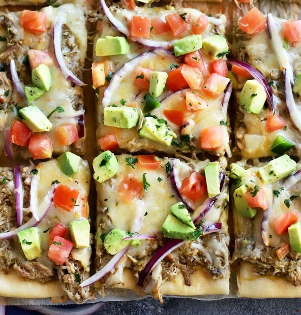 Avocado Pulled Pork Flatbread with Grilled Tomatillo Salsa