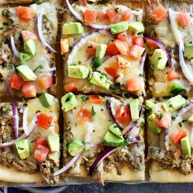 Avocado Pulled Pork Flatbread with Grilled Tomatillo Salsa