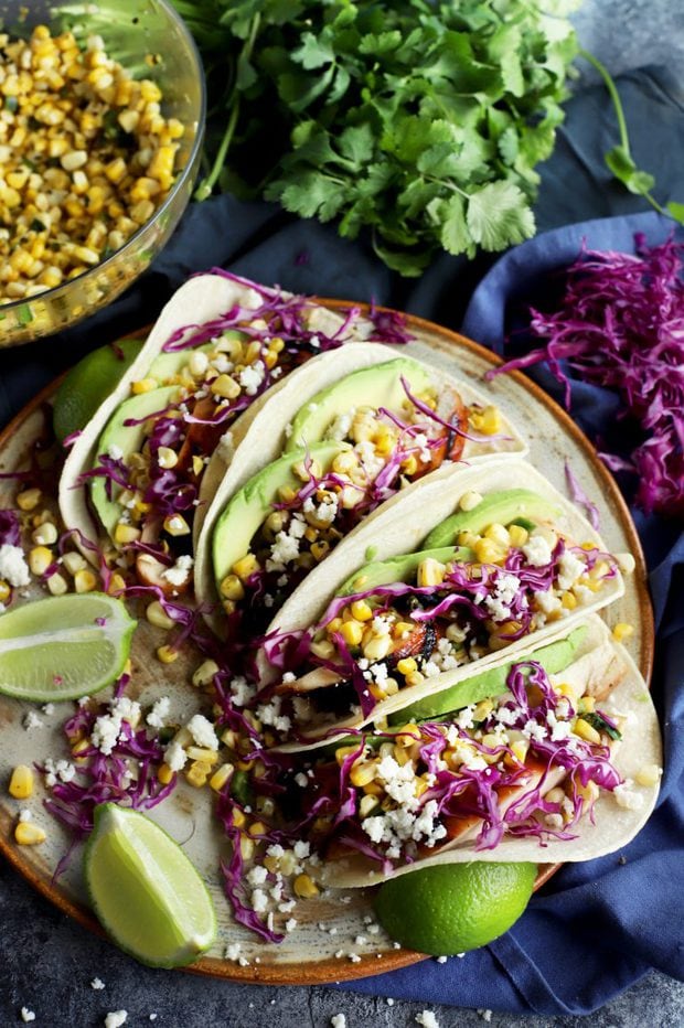 Charred Corn Chicken Avocado Tacos