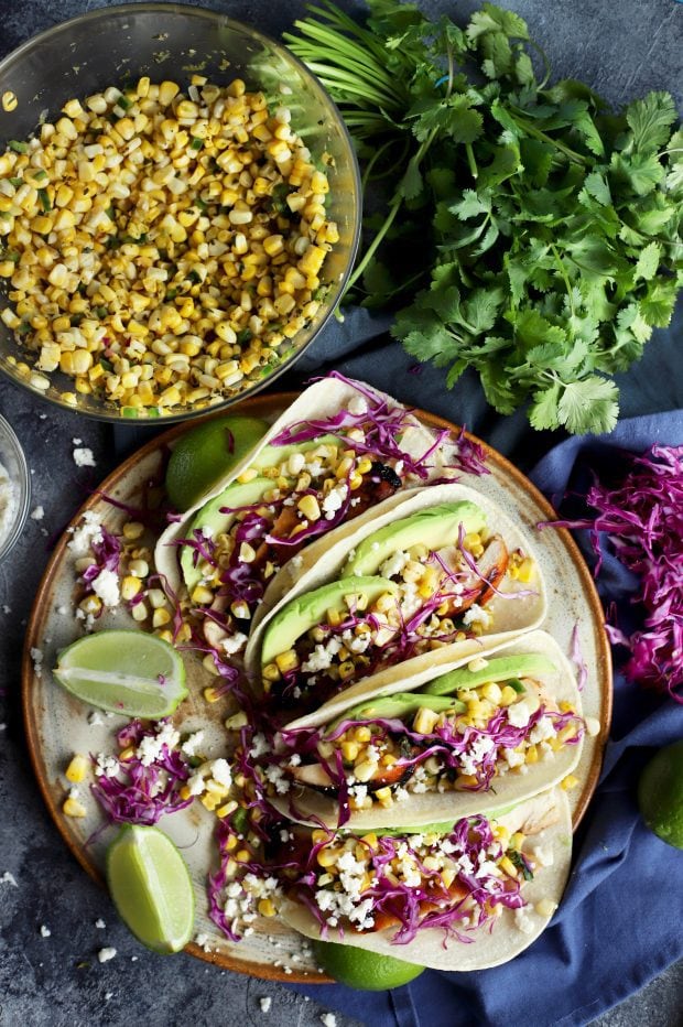 Charred Corn Chicken Avocado Tacos