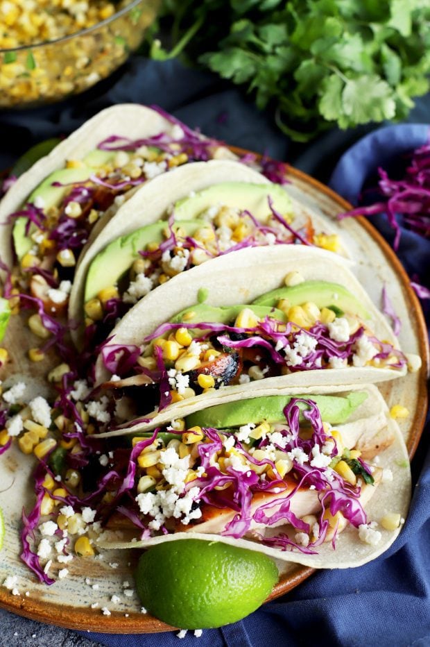 Charred Corn Chicken Avocado Tacos