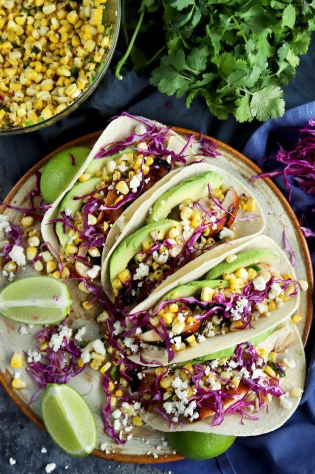 Charred Corn Chicken Avocado Tacos