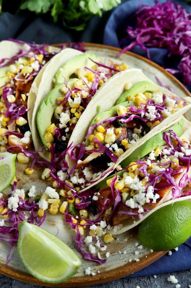 Charred Corn Chicken Avocado Tacos