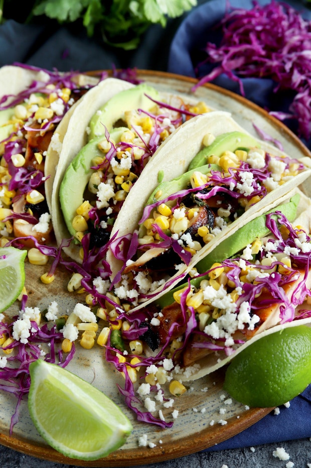 Charred Corn Chicken Avocado Tacos