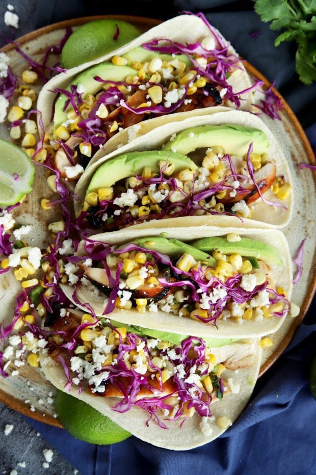 Charred Corn Chicken Avocado Tacos