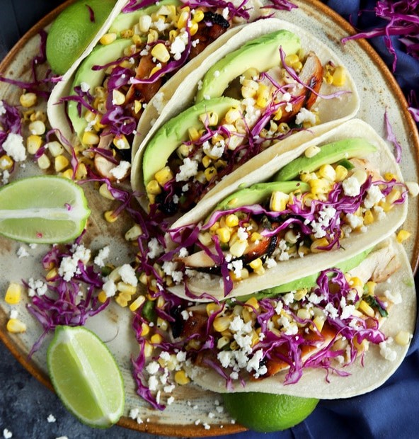 Charred Corn Chicken Avocado Tacos