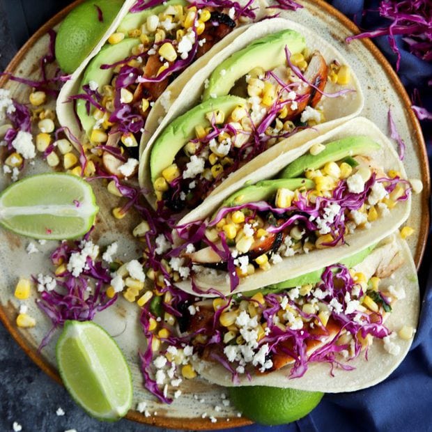 Charred Corn Chicken Avocado Tacos