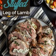 Herb goat cheese stuffed leg of lamb Pinterest image