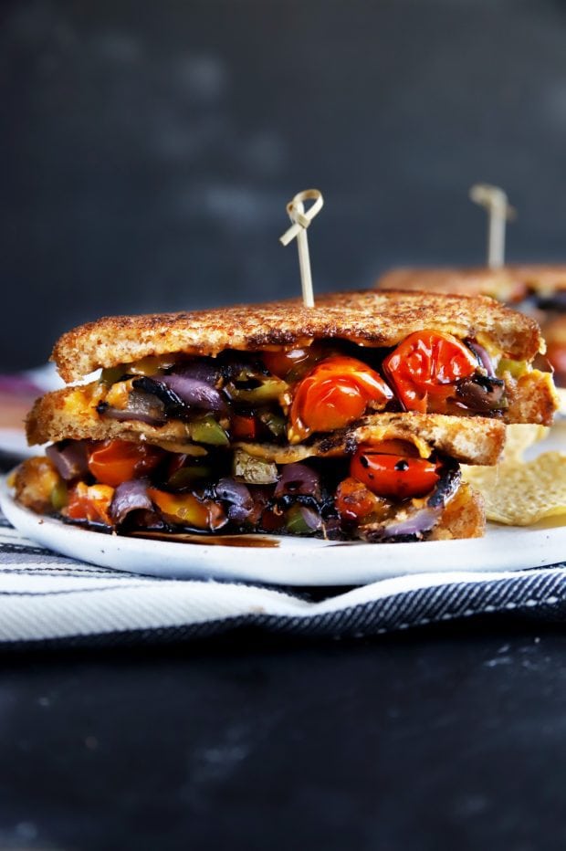 A balsamic grilled vegetables grilled cheese on a plate