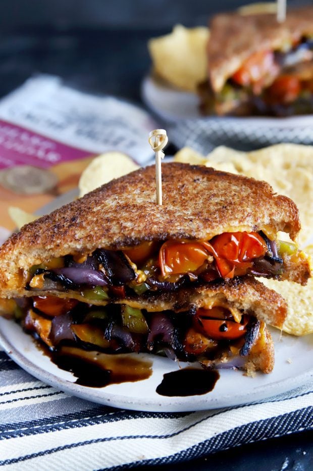 Stacked up gourmet grilled cheese sandwich