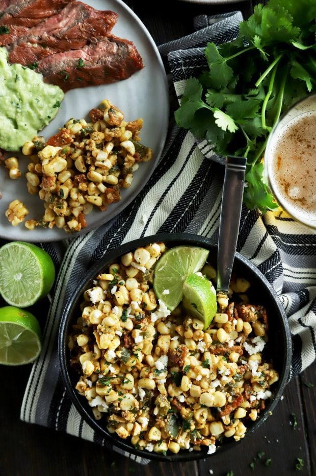 Grilled corn in a salad with steak