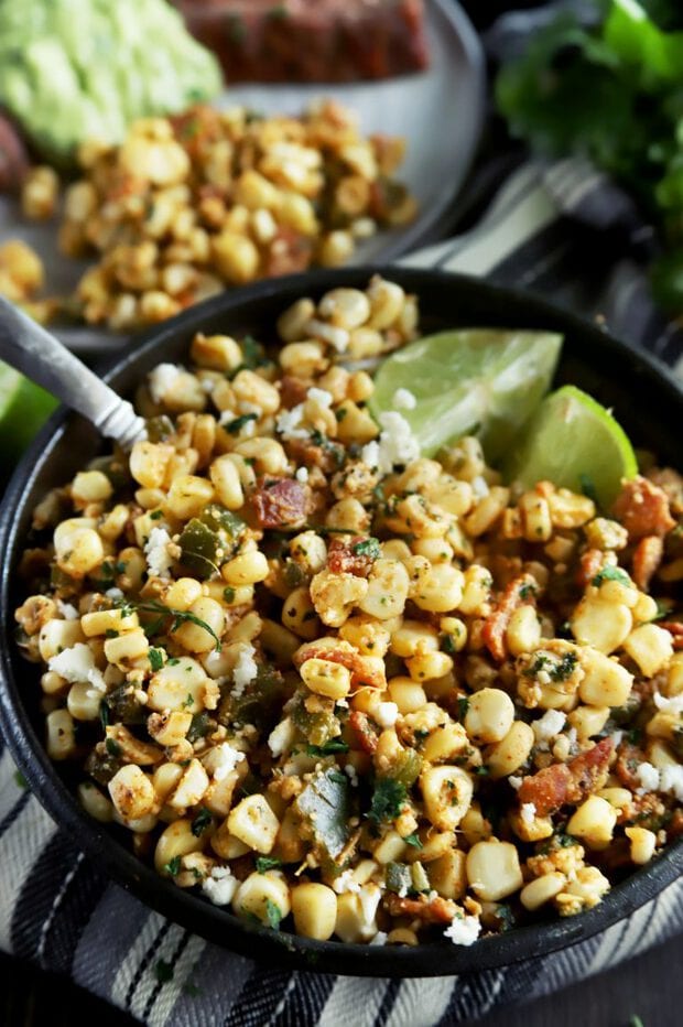 A bowl of grilled corn salad for a crowd