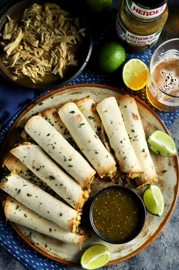Baked creamy salsa verde chicken taquitos