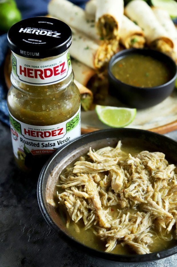 Salsa verde chicken with a bottle of HERDEZ salsa