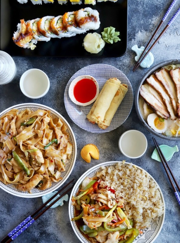 Spread of various Asian dishes