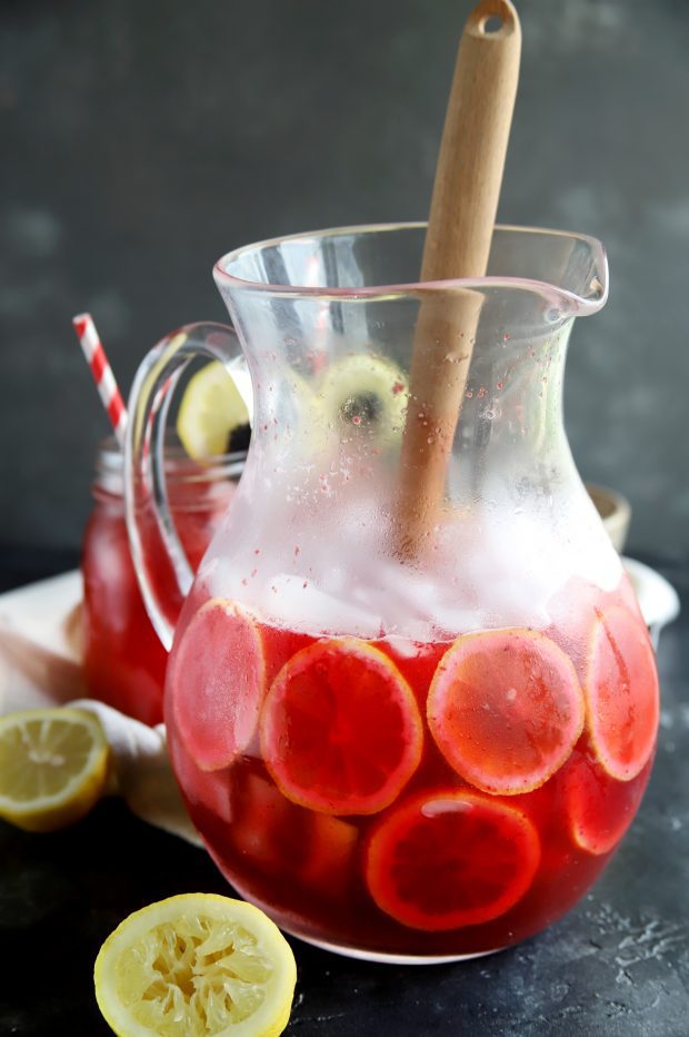 Blackberry vodka lemonade in a pitcher