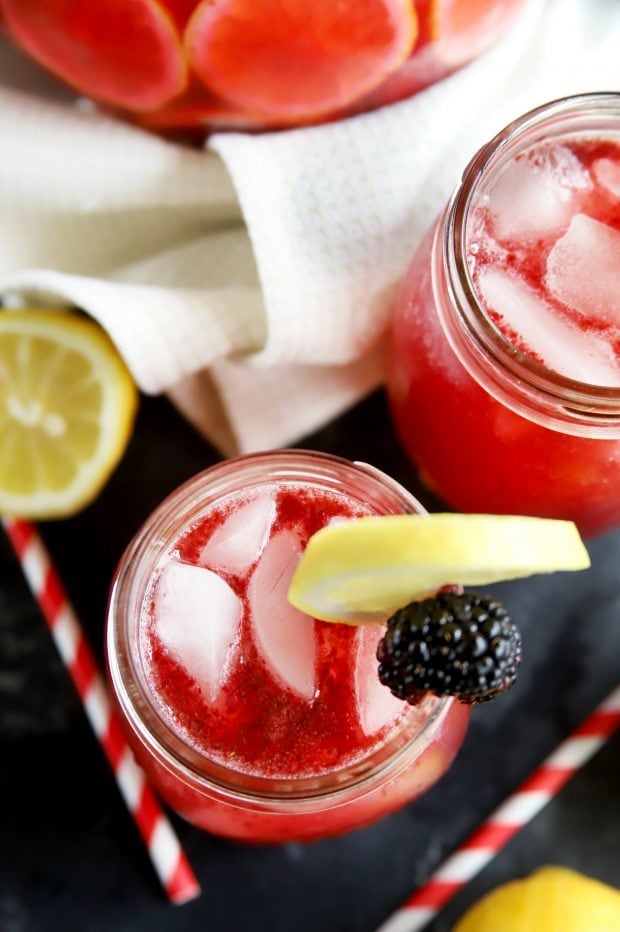 Top down view of lemonade cocktail in mason jars