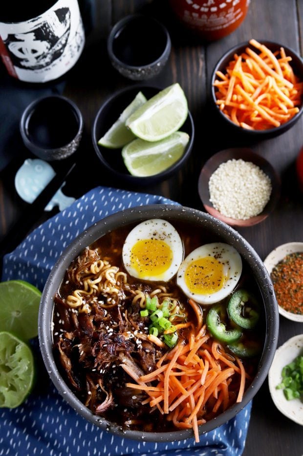 Ramen in a bowl with soft boiled eggs