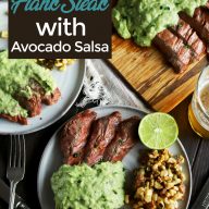 Pinterest image for chipotle lime flank steak with avocado salsa