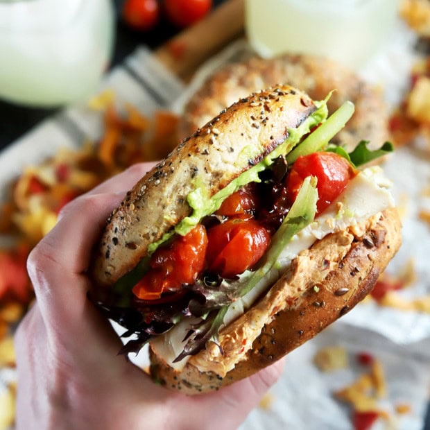 Everything Avocado Turkey Bagel Sandwich Cake 'n Knife