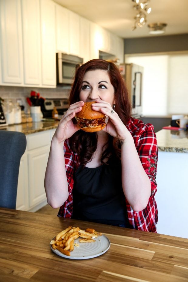 Me eating a BBQ meat sandwich from Grubhub
