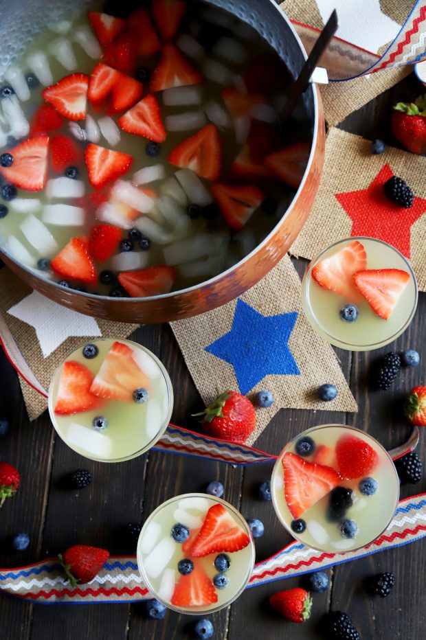 Red white and blue brunch punch in glasses and punch bowl