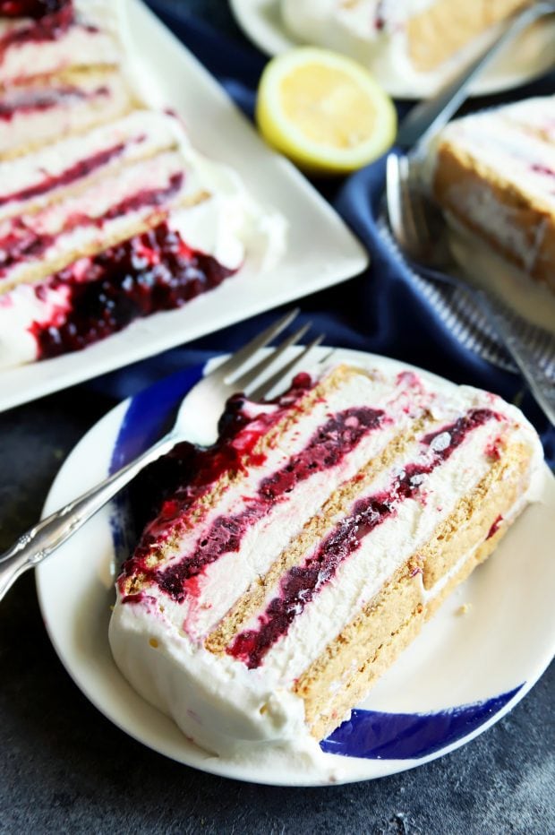 Blackberry lemon icebox cake slice