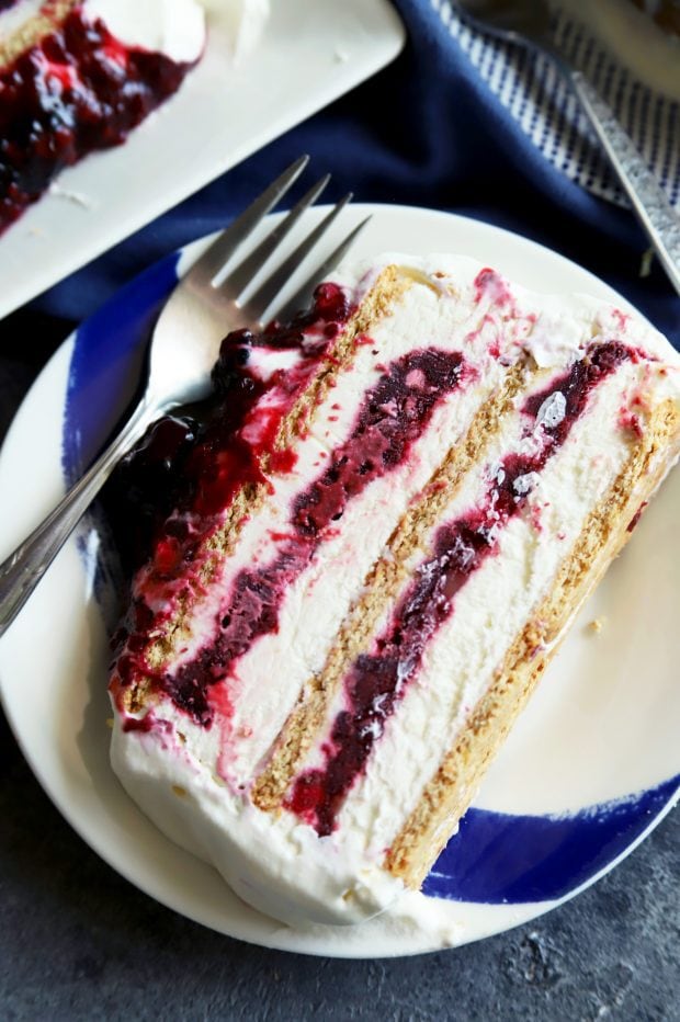 Blackberry lemon icebox cake slice