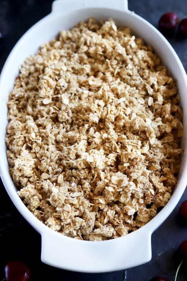 crumble topping in a baking dish before baking