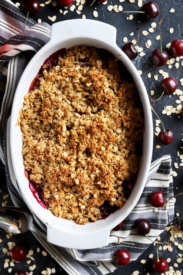 Overhead shot of cherry peach crumble