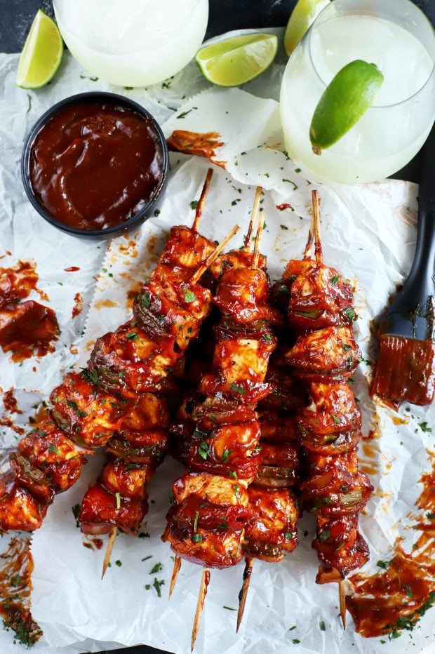 Spicy chicken skewers with bacon
